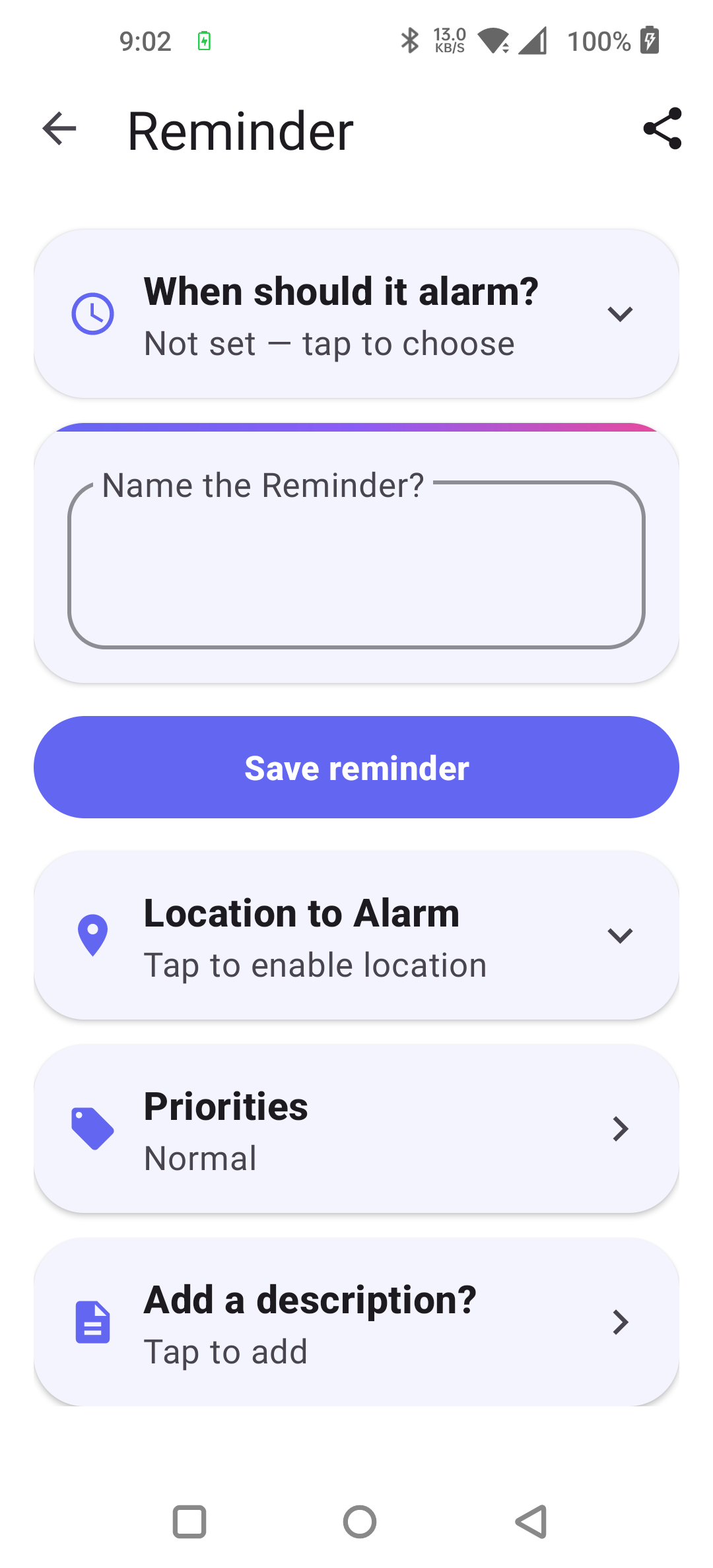 Creating a reminder — When, Name, Location, Priorities