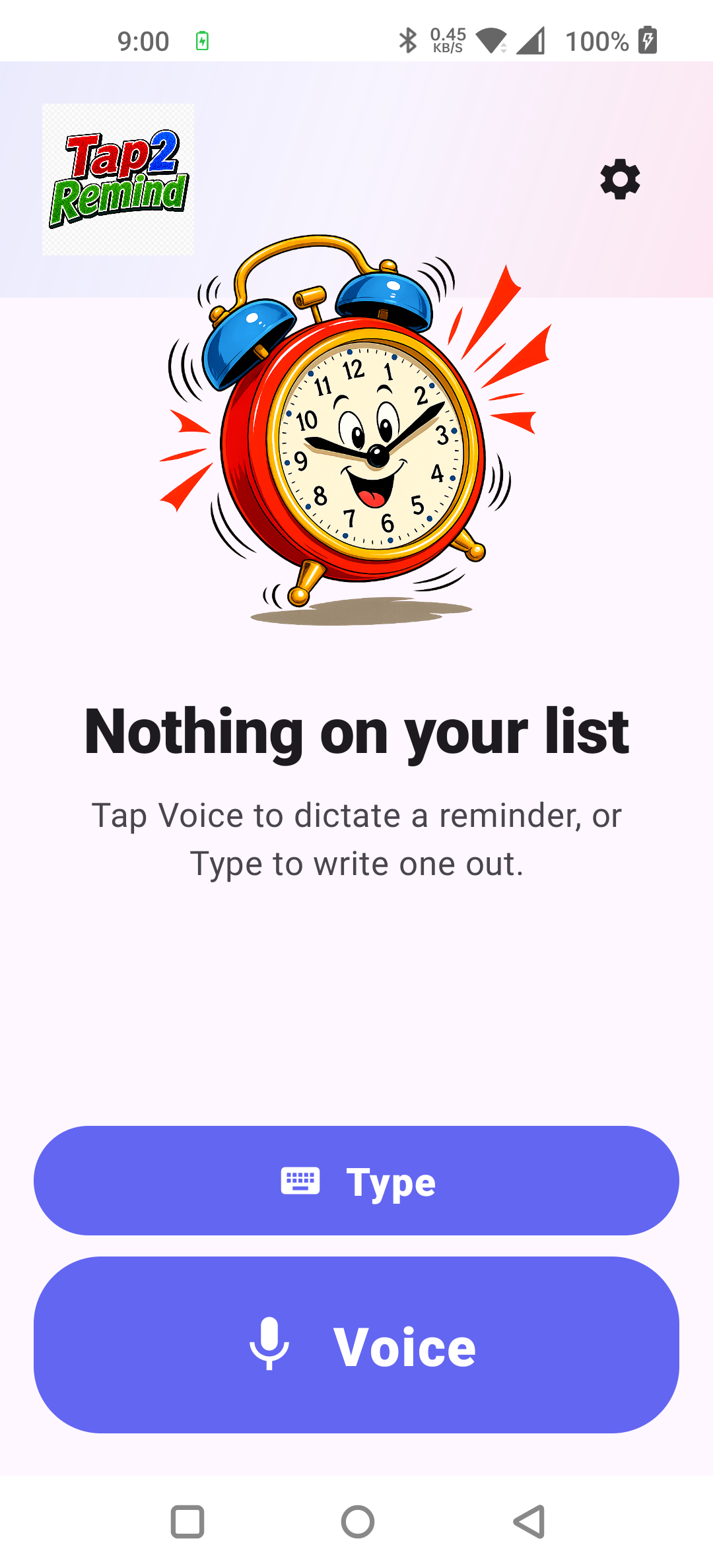 Tap2Remind home screen with Voice and Type buttons