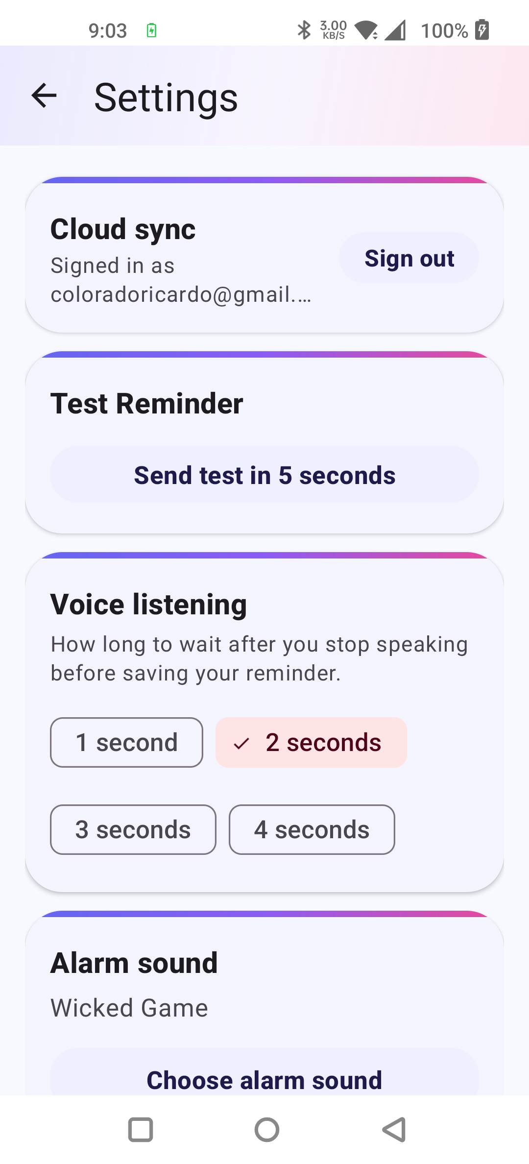 Settings with cloud sync, test reminder, voice listening, alarm sound